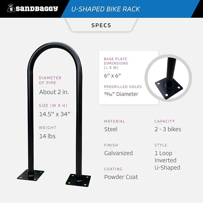Sandbaggy Outside Bike Stand Floor - U Shaped & Commercial Standing Bike Rack - Premium Quality Galvanized Steel - Perfect Bicycle Floor Stand for Protection - Black, 14.5" x 34" - 1 Loop (20)