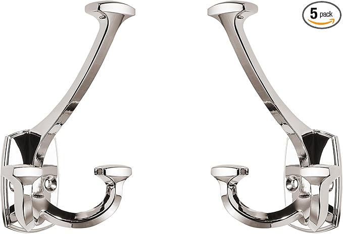 Large Wall Double-Sided Hook 5 Pack Polished Nickel Hook Decorative Heavy Duty Solid Large Coat Hooks for Towel Hanging Coats Robe Towel Bags Door Back 2 Prong Hooks