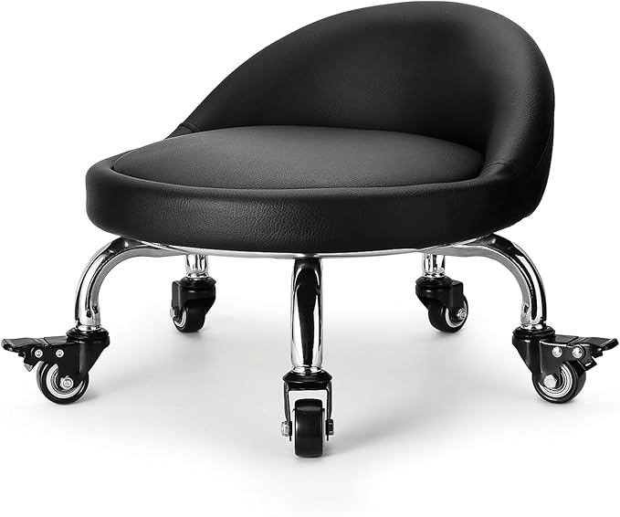 Rolling Stool with Backrest Low Height Rolling Stool with PU Leather, Roller Stool Chair, Roller Seats for Home, Office, Garage, Shop, Library