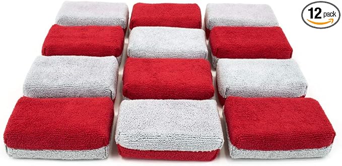 Autofiber Thick [Saver Applicator Terry] Ceramic Coating Applicator Sponge | 12 Pack | with Plastic Barrier to Reduce Product Waste. (Red/Gray)