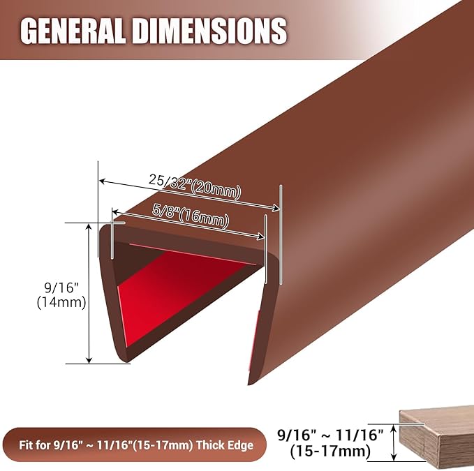 Rubber Edge Trim, Flexible Edge Banding, 5/8"(16mm) U Channel Furniture Edge Protector, Self Adhesive Edge Guards for Plywood, Wood, Glass Parts, 20Ft, Brown Color