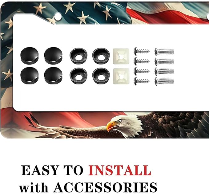 2 Pack US Flag Eagle Universal License Plate Frame - Heavy Duty Rustproof Aluminum Matte Black Car Tag Holder Bracket Fits All US States, Easy Install with Screws Included