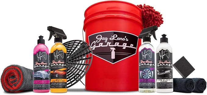 Jay Leno's Garage Basic Car Detailing Bucket Kit - Sprays, Liquids, Microfiber Towels, Applicators and Wash Mitt