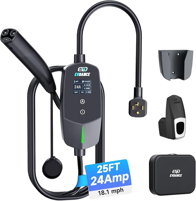 Level 2 EV Charger for Tesla Models, 24Amp 240V NEMA 14-30 Plug, 25FT Cable with Remote-Open Charge Port, 6-24A Adjustable EV Charging Station for Home/Garage Use, IP66 Waterproof