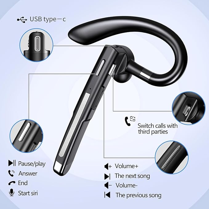 Bluetooth Headset, Wireless Bluetooth Earpiece with mic Trucker Headset for Phone Case Office Phones Built-in Microphone Headphones Manos Libres Noise Cancelling(Black+Silver)