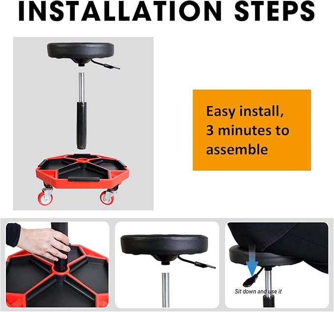 Torin ATRXF8308B Pneumatic Mechanic Stool/Rolling Shop Creeper Seat with Adjustable Height and 4 Removable Tool Trays, 300 lb Capacity, Black/Red