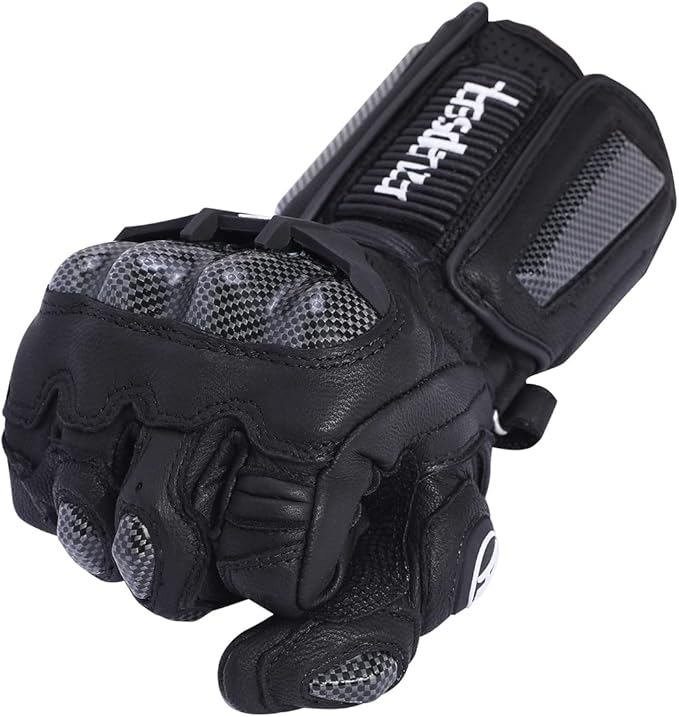 Harssidanzar Leather Motorcycle Gloves for Men and Women,Powersports Carbon Fiber Knuckle Protection Motorbike Gloves KM045