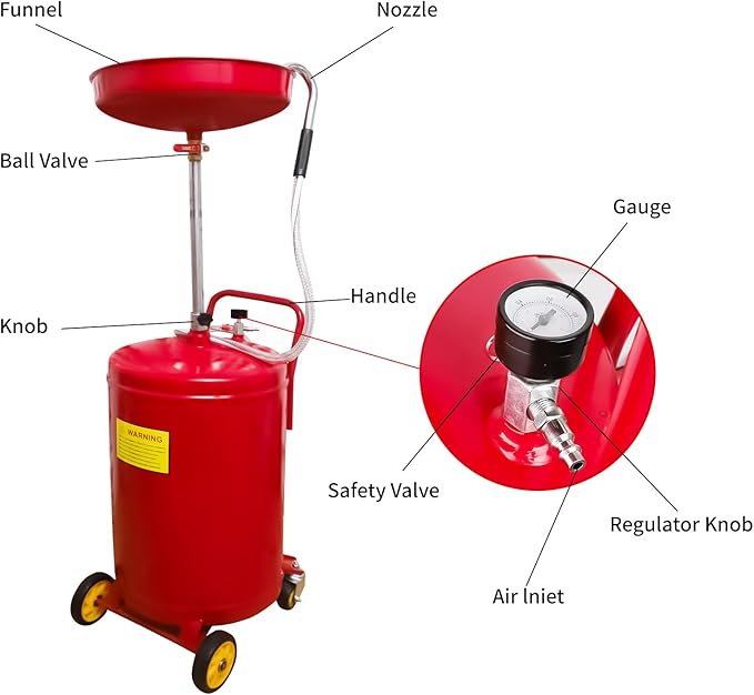 PONO 20-Gallon Air Operated Waste Oil Drain Tank with Wheels, Portable Industrial Fluid Drainage System - Adjustable Funnel Height for Auto Shops, Farm Equipment & Garage Use (Red)