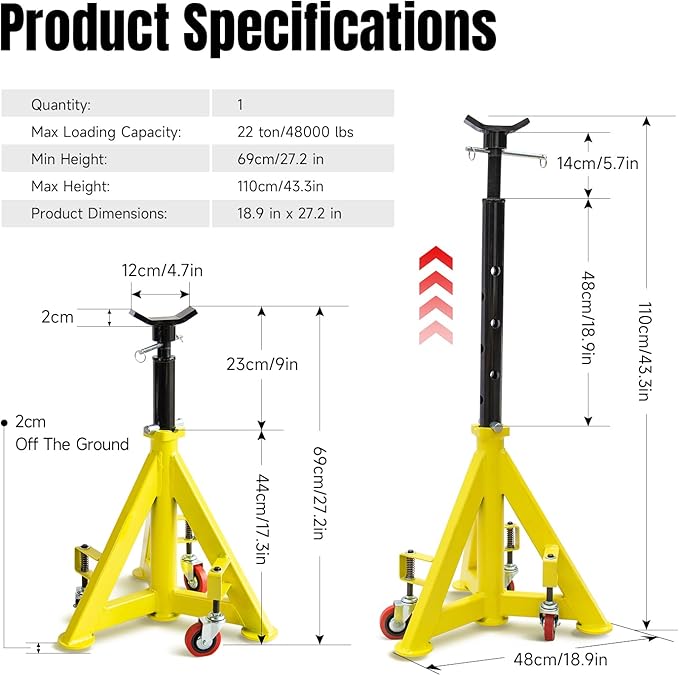 22 Ton (48,000 lbs) Jack Stands Heavy Duty Jack Stand Double Locking Pin Type Car Jack Stand Adjustable Height to 43'' with 360° Wheels for Garage, Repair Shop and DIY, 1 Pc
