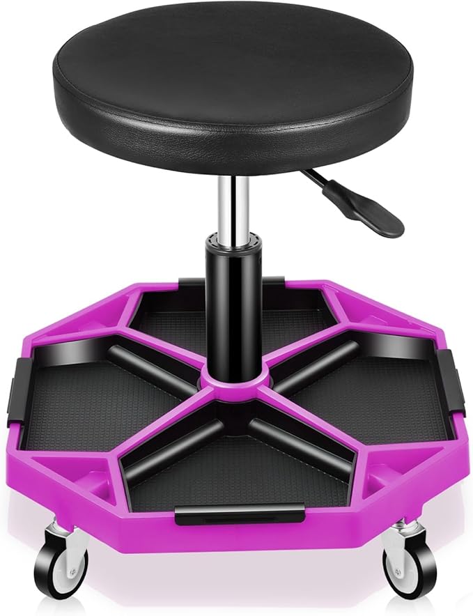 Auto Dynasty Mechanic Stool, Adjustable Rolling Pneumatic Creeper Garage Shop Seat with Tool Tray, 300 LBS Roller Seat for Workshop Auto Repair, Adjustable Height 15.7" to 21", Purple