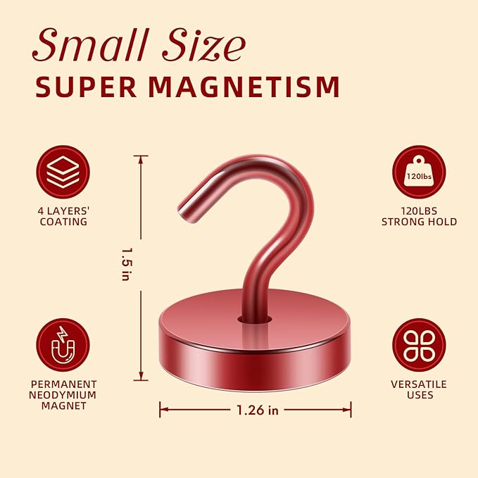 Neosmuk Magnetic Hooks, Cruise Ship Essentials, 120lb+ Heavy Duty Magnetic Hooks for Cruise Cabins, Refrigerator, Grill, Hanging, and Travel | Extra Strong Must-Haves Magnet Hook,Red, Pack of 10