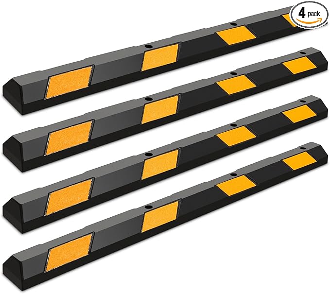IRONMAX Rubber Parking Curb, 72" Long Car Stopper with Yellow Reflective Stripes, 8800 LBS Weight Capacity Parking Block for Car, Truck, RV, Trailer, Tier Stops for Garage Floor, Driveway (4)