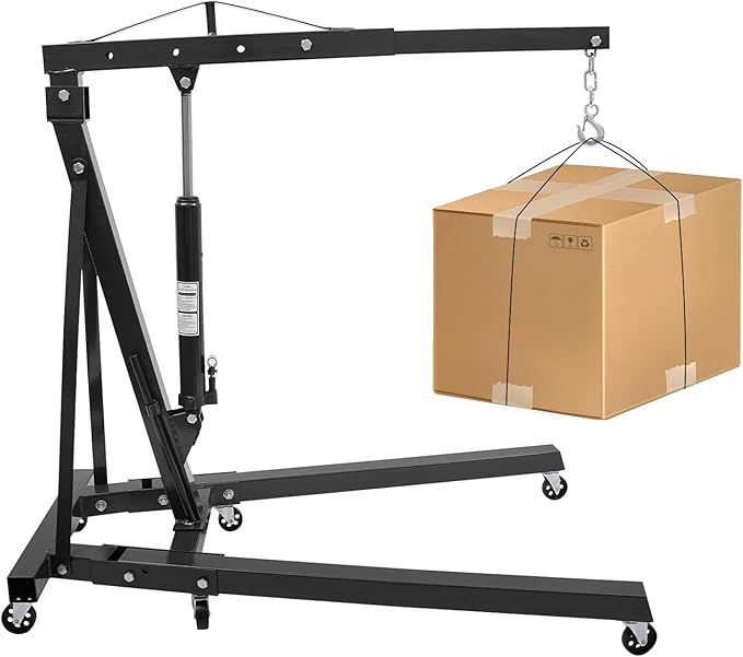 2 Ton Engine Hoist Foldable Engine Crane Cherry Picker Engine Hoist with 6 Wheels Adjustable Lifting Positions Heavy Duty Shop Crane for Warehouse, Workshop, Garage