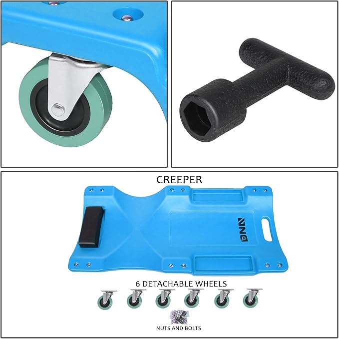 DNA MOTORING 40Inch Low Profile Plastic Rolling Garage Shop Creeper with Padded Headrest,Tool Trays & 6pcs Casters,Blue, TOOLS-00217