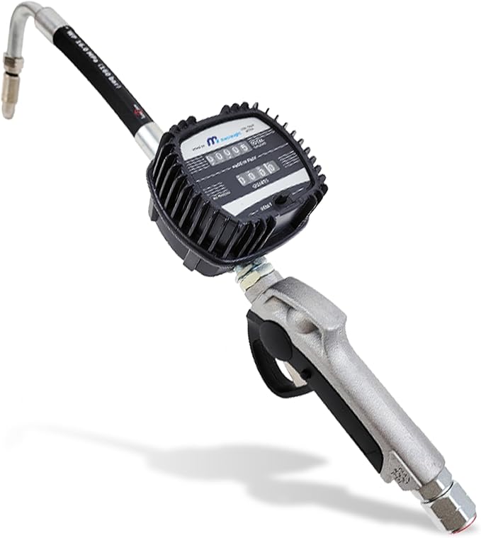 Macnaught Pneumatic Oil Gun with Control Valve 1/2" inch NPT Inlet, Mechanical Meter, Registers in Qts & Totals in Gal. Oil, antifreeze, trans fluid, lubricating oil, synthetic hydraulic oil & more
