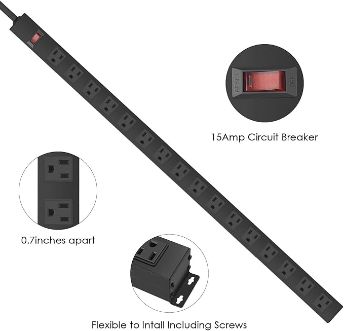 Metal Wall Mount Power Strip, Mountable Power Outlet, Aluminum Alloy Mount Power Socket with Switch, 6 FT SJT 3/C 14AWG Power Cord, 15A 125V 1875W (16 Outlet)