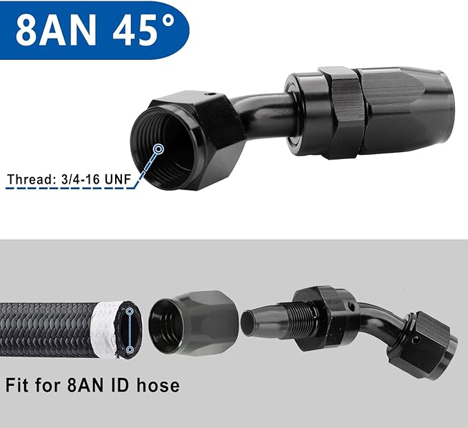 LokoCar 8AN Hose End Fitting 45 Degree Swivel For CPE Braided Hose Black 2Pcs