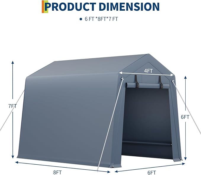 6x8 FT Outdoor Storage Shed, Portable Carport with Roll-up Ventilated Zipper Door and Windows, Heavy Duty Waterproof Tarp, Storage Sheds for Motorcycle, Bike, Firewood, Garden Tools