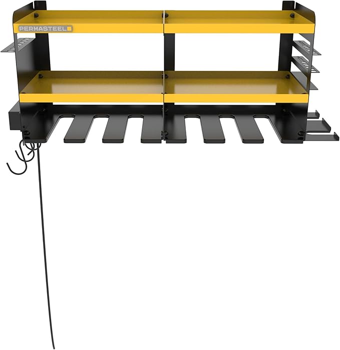 Permasteel Power Tool Organizer Wall Mount - 150 Lbs Load 3-Layer Heavy Duty Metal Storage Rack with Charging Station, Holds 6 Drills, 9 Hand Tools and 16 drill bits for Garage and Workshop, Yellow