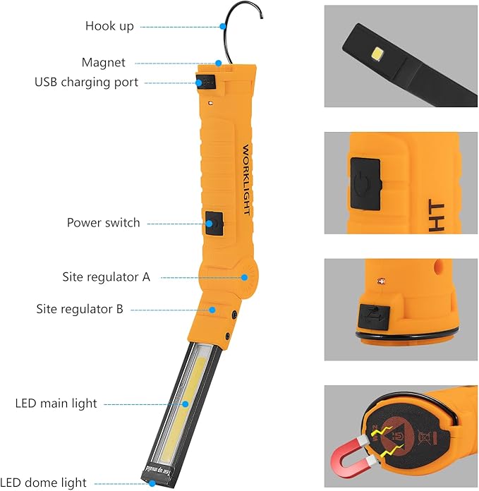 3 Pack Rechargeable LED Work Lights with Magnetic Base and 360° Rotation, 5 Modes for BBQ, Camping, Reading, and Car Repair