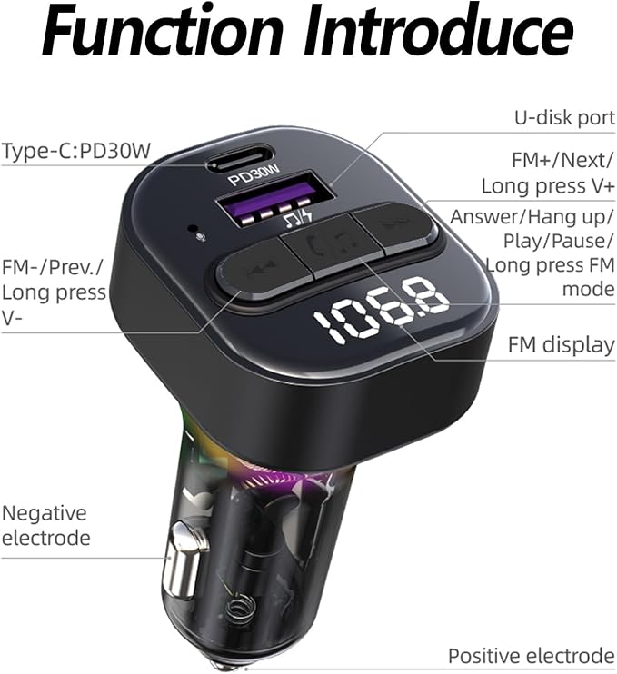 Bluetooth 5.3 FM Transmitter for Car, Bluetooth Car Adapter with Type-C PD(30W) Charger and QC3.0 USB Port, Wireless FM Radio Transmitter, Support MP3 Player, Handsfree Calling, Backlit,U Disk, Grey