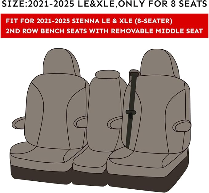 EKR Sienna Seat Covers for 2021-2025 Toyota Sienna LE, XLE,8 Seats,2nd Row 4/2/4 Split,Waterproof Seat Covers Full Set for Trucks,Car Seat Protectors-Three Row,Leather(Black with Red Piping)