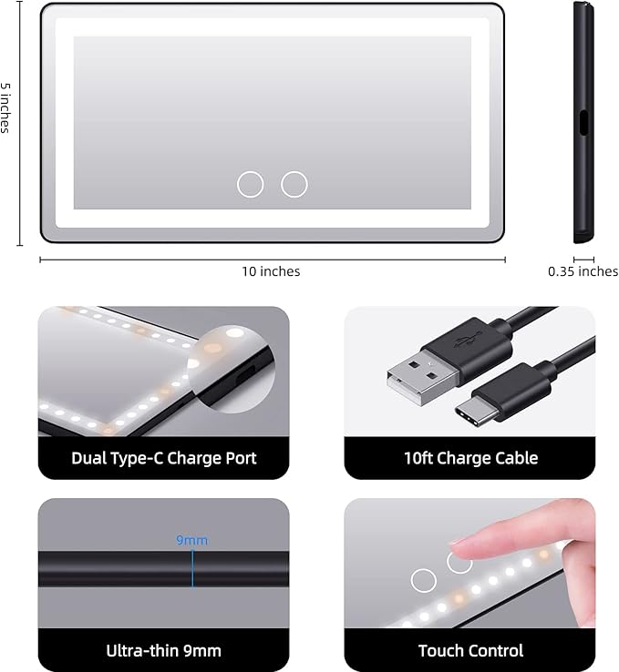 Car Sun Visor Vanity Mirror, with 3 Light Modes & 60 LEDs - Rechargeable Dimmable Clip-on Rear View Sun-Shading Cosmetic Makeup Mirror, Universal for Car SUV(Black)