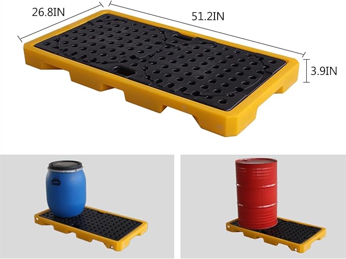 Drum Containment Spill Pallet, Industrial Nestable Oil Drums Leak-Proof Tray, Garage Storage Detachable Anti Slip Polyethylene Platform with Drain (Color : Yellow-1 Pack, Size : 51.2"x26.8"x