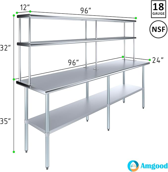 Amgood Stainless Steel Work Table Double Tier Overshelf | Metal Kitchen Prep Table & Shelving Combo (24" x 96" Work Table + 12" Overshelf)
