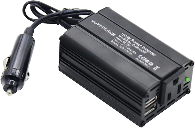150W Power Inverter 12V DC to 110V AC Car Plug Adapter Outlet Converter with 2.4A Dual USB AC car Charger for Laptop Computer Black