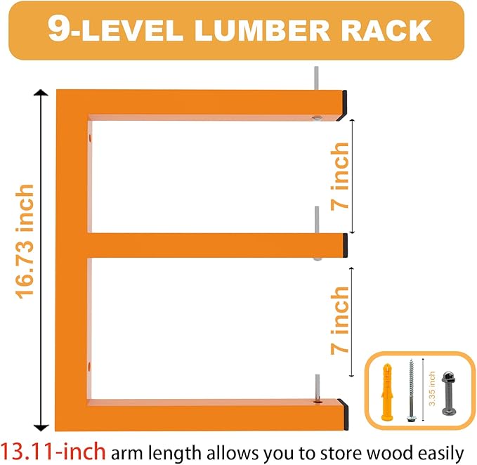 6 Pack Wall-Mounted Lumber Rack, Heavy Duty Wood Storage Racks, 9-Level System Garage Shelving, 1980 LBS Capacity Hanging Organizer Shelves, Orange Brackets Utility Metal Shelf for Indoor and Outdoor