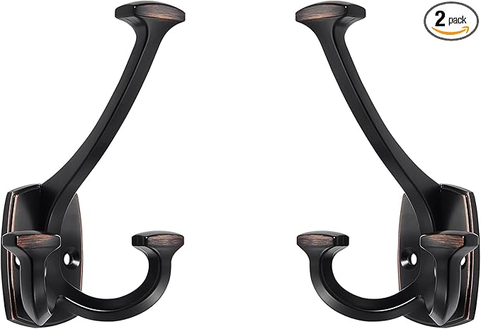 Large Wall Double-Sided Hook 2 Pack Oil Rubbed Bronze Hook Decorative Heavy Duty Solid Large Coat Hooks for Towel Hanging Coats Robe Towel Bags Door Back 2 Prong Hooks