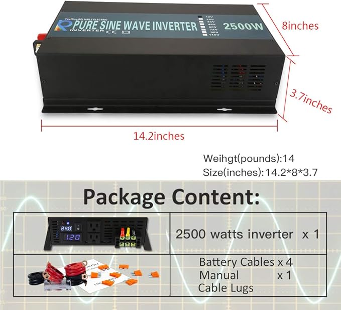 WZRELB Strong Driving Capacity 2500W 24VDC to 120VAC Pure Sine Wave Inverter Power Converter (RBP250024B1), Black