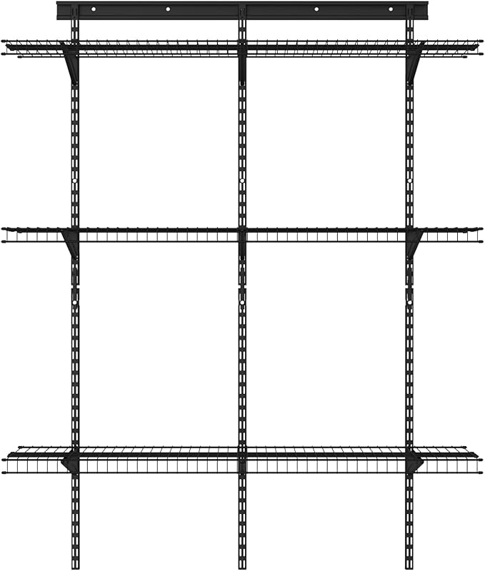 ClosetMaid MaxLoad Heavy Duty Wall Shelf Kit for Garage, 3 Shelves, Adjustable ShelfTrack Wire Shelving, Black Finish
