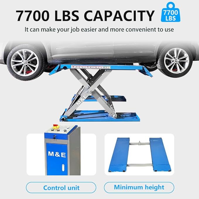M&E 7700lbs Mid Rise Scissor Lift Pneumatic Release Auto Lift Car Lift 220V Mid-Rise Auto Lift Home Garage Lift