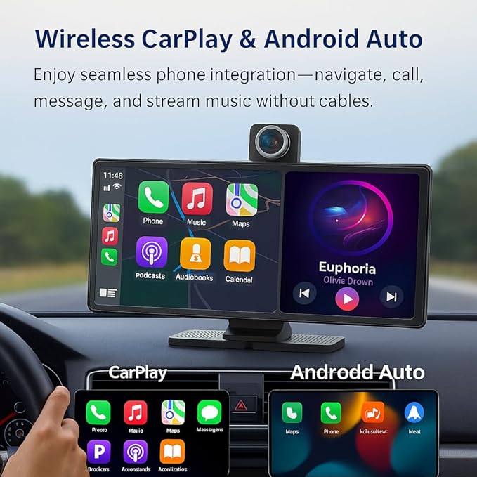 Portable Apple CarPlay & Android Auto – 10.26" Wireless Car Stereo, 4K Dash Cam, 1080P Backup Camera, Voice Control, GPS Navigation, Bluetooth, Mirror Link, Portable Touchscreen Display