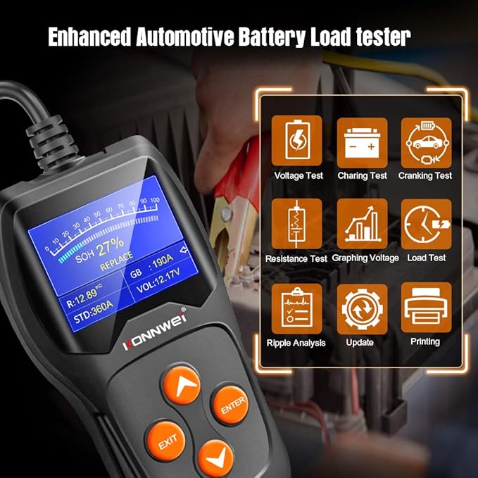 KONNWEI KW600 Car Battery Tester 12V Professional 100-2000 CCA Automotive Battery Load Analyzer and Alternator Tester Waveform Voltage Test for Car/Boat/Motorcycle…