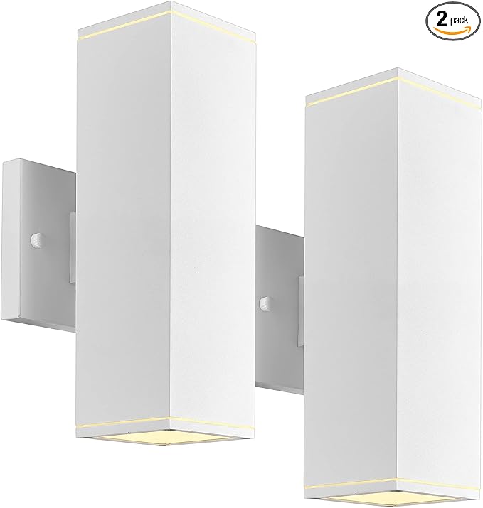 Ken & Ricky Outdoor Wall Lights, Modern Exterior Up and Down Wall Sconces, Square Porch Lights Outdoor Wall with Sanded White Finish - 2 Pack