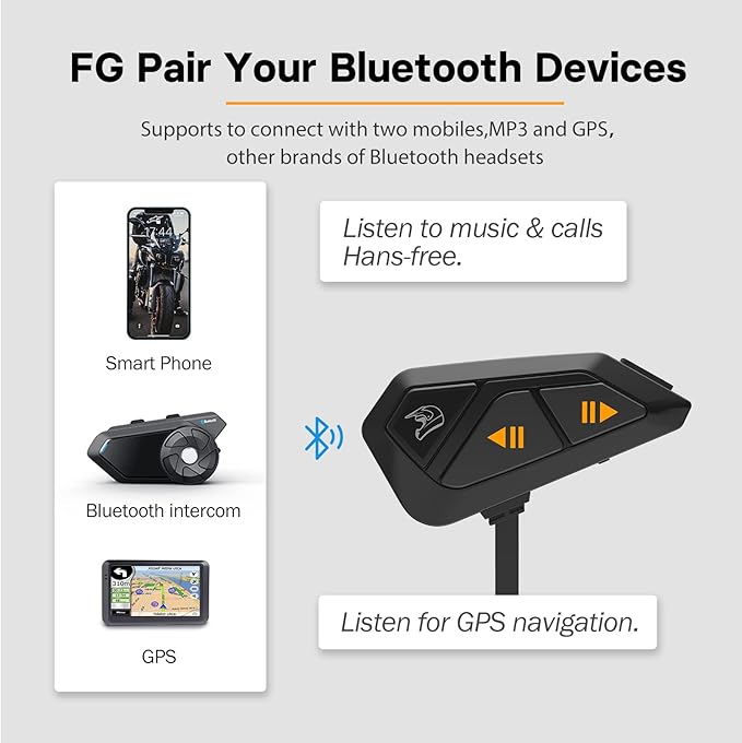 FreedConn FG Motorcycle Helmet Bluetooth Headset, Motorcycle Communication Systems with CVC Noise Cancellation, Stereo Music, 6 Riders 0.75mi/1200m intercom, 19Hrs Intercom, IP65, 1 Pack