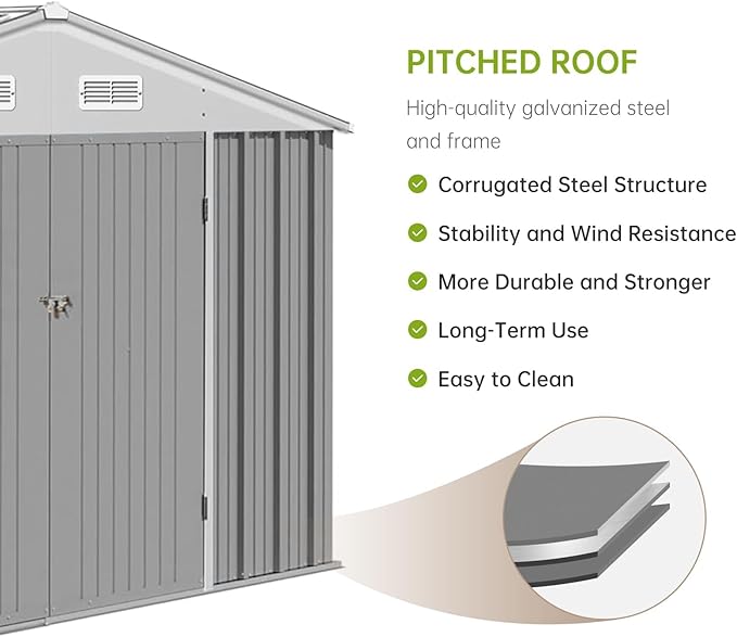 10X12FT Outdoor Metal Storage Shed, Lockable Weatherproof Garden Shed for Tools & Equipment, Durable Galvanized Steel with Sloping Roof & Ventilation, Ideal for Backyard, Patio & Garage Storage, Gray
