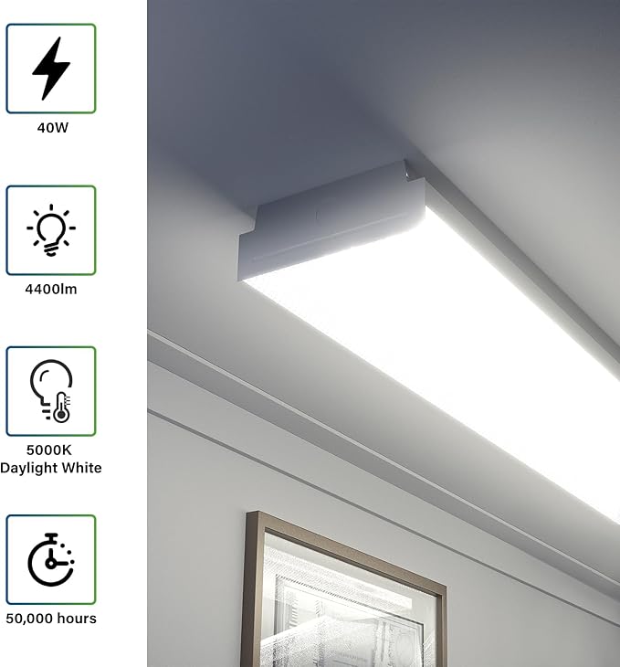 ANTLUX 4FT LED Wraparound 40W Shop Lights for Garage, 4400lm, 5000K, 4 Foot Crystal LED Wrap Light, 48 Inch Integrated Linear Strip Flush Mount Office Workshop Ceiling Lighting Fixture, 4 Pack