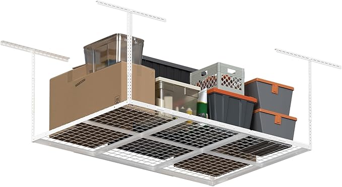 4x6ft Overhead Garage Storage Rack, Heavy Duty Metal Ceiling Shelf, 22'' to 40" Adjustable Dropdown, 450lbs Loading Weight Capacity, White
