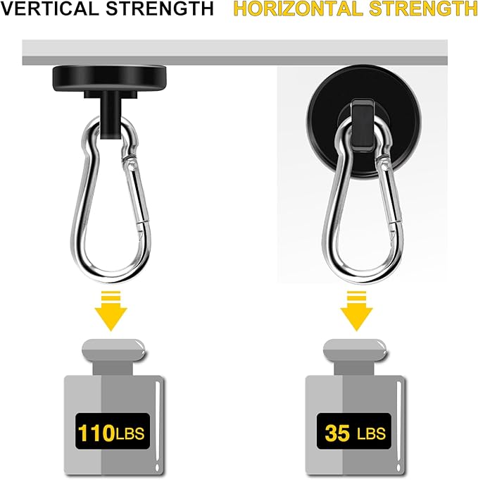DIYMAG Black Magnetic Hooks, 110LBS Strong Heavy Duty Neodymium Magnet Hooks with Swivel Carabiner Hook, Great for Your Refrigerator and Other Magnetic Surfaces, Pack of 7