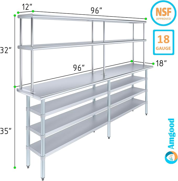 Amgood 18" x 96" Stainless Steel Work Table with 3 Shelves and 12" Wide Double Tier Overshelf | Metal Kitchen Prep Table & Shelving Combo | NSF