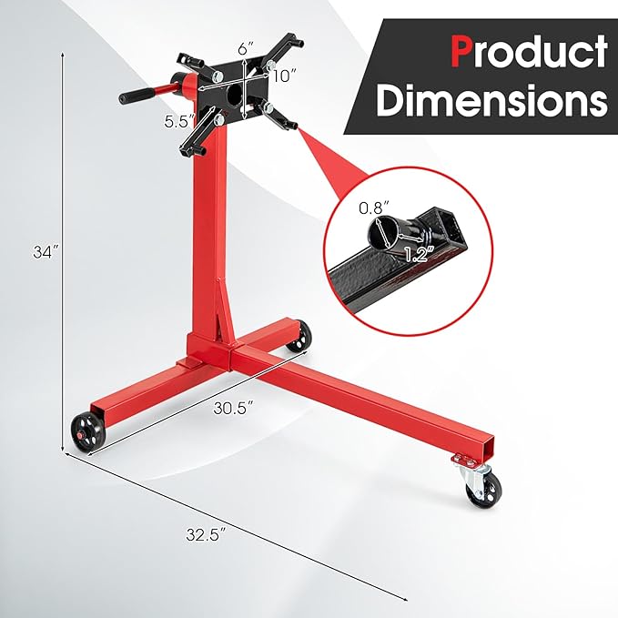 Goplus Engine Stand, 750 LBS (3/8 Ton) Motor Stand with Wheels, 360 Degree Rotating Head & Adjustable Arms, Heavy-Duty Metal Engine Holder for Garage, Auto Repair, Red