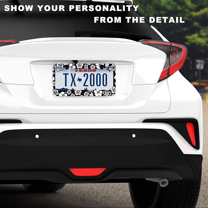 2 Pack Hibiscus License Plate Frame-Rustproof Aluminum White Hibiscus Floral Car Tag Holder Bracket for Women Men, Hibiscus Car Accessories with Screws Included
