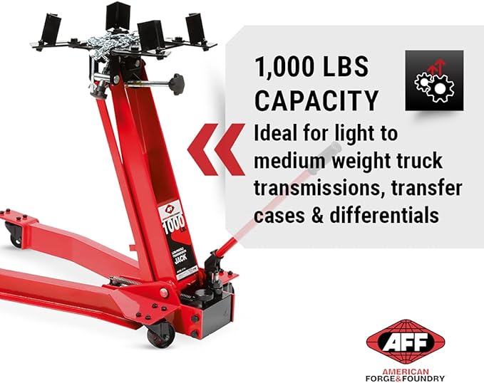 AFF Low Profile Manual Hydraulic Transmission Jack - Heavy Duty Steel Body, Adjustable Saddle with Safety Chain & 360 Handle - For Transmissions, Transfer Cases & Differentials (Multiple Capacities)