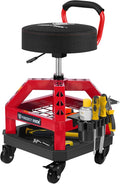 Rolling Shop Stool with Wheels, Heavy Duty Garage Work Mechanic Stool with Backrest, Adjustable Height 360°Swivel Rolling Chair with Tool Tray Storage, 330 LBS Capacity, Red