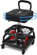 Rolling Shop Stool with Wheels, Garage Mechanic Shop Chair with Handle Backrest, Adjustable Height Work Stool, Roller Seat with Tool Tray Storage, Heavy Duty, 330 LBS Capacity, Black