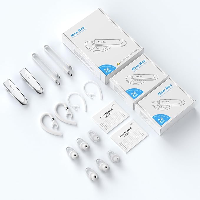 New bee [2 Pack] Bluetooth Earpiece V5.0 Wireless Handsfree Headset 24 Hrs Driving 60 Days Standby Time with Bluetooth Headset for iPhone Android Laptop Truck Driver(White)